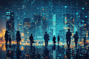 Obraz premium Business people stand silhouetted in front of a brightly lit city skyline at night, surrounded by digital elements and a futuristic atmosphere