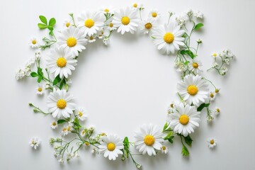 Obraz premium Fresh spring daisies form a lovely wreath with delicate flowers and greenery, enhancing the bright, white background