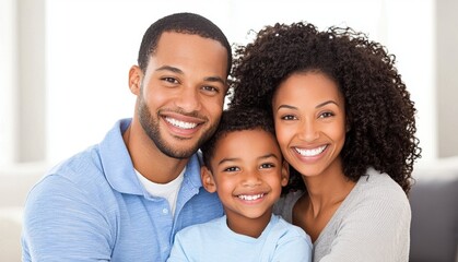 A joyful family portrait featuring a smiling father, mother, and son, showcasing love and happiness in a bright indoor setting.