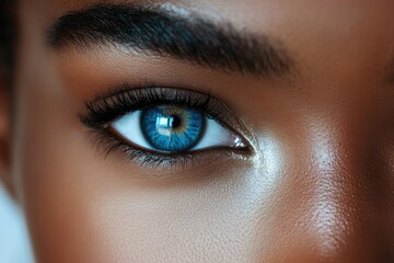 Obraz premium Close-up of a woman's captivating blue eye, accentuated by dark lashes and brows.
