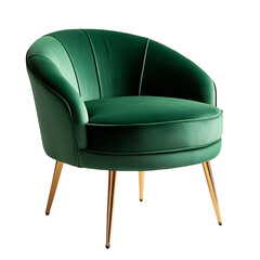 Green Velvet Accent Chair with Wooden Legs Isolated on Transparent Background