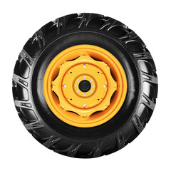 Agriculture tire , Tractor tire and wheels yellow color side view isolate on white background.