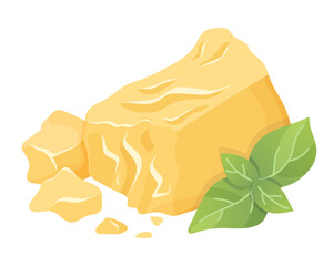 Parmesan cheese with basil . Organic farm food. Design element, cartoon flat illustration for logo, poster, menu. Isolated on white background.