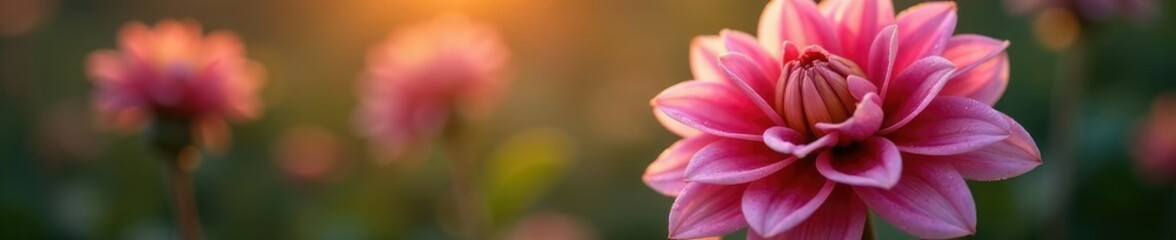 Fototapeta premium Soft petals of dahlia unfolding in morning dew, dahlia, dewy, flower