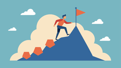 Fototapeta premium Scaling Mountains A person climbing a mountain with flags representing different achievements leaving behind boulders labeled Limitations.