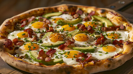 Gourmet Breakfast Pizza with Eggs, Avocado, and Bacon Topping in Rustic Setting