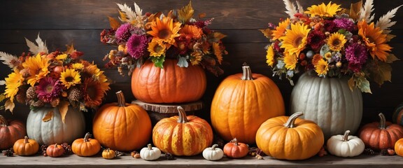 Vibrant Autumn Harvest with Colorful Pumpkins and Fall Flowers