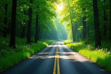 Fototapeta premium Sunlit Road Through Verdant Forest Canopy, Serene Nature Scene with Lush Greenery and Winding Asphalt Path