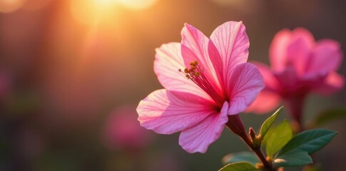 Fototapeta premium Soft pink azalea petals unfurl in morning light, sunshine, colorful