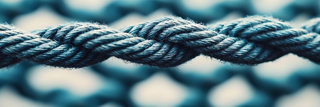 A close-up of a twisted rope, showcasing its texture and intertwining fibers in a shaded blue hue.