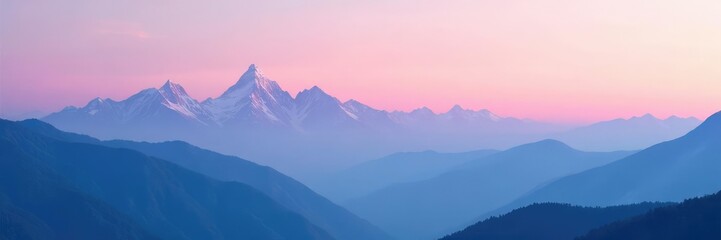 Fototapeta premium Soft pink hues blend with blue tones over mountain peaks landscape gradient background, nature, scenery, mountains