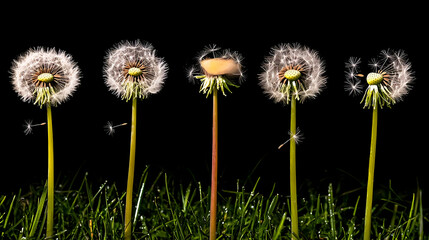 Timelapse Sequence of Dandelion Seed Dispersal Against Black Background With Green Grass