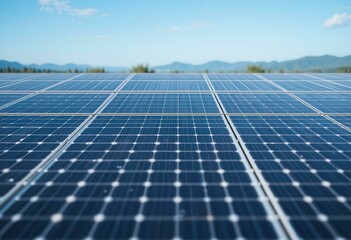 Modern Solar Panels Concept Clear Blue Sky Distant Mountains - Renewable Energy Sustainability Eco-Friendly Promotional Materials