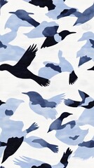 Abstract Pattern of Silhouetted Birds in Shades of Blue and Black Set Against a Light Background for Creative Design and Decoration