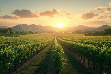 Fototapeta premium Vineyard rows stretch towards a vibrant sunset over rolling hills, a picturesque scene of agricultural beauty.