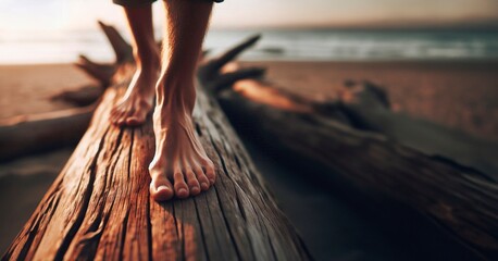 feet, barefoot, walking on a log in nature, barefoot walking day.