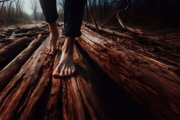 feet, barefoot, walking on a log in nature, barefoot walking day.