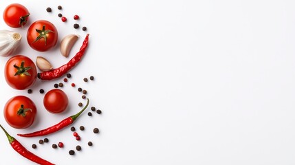 Red tomatoes, garlic cloves, chili peppers, and peppercorns arranged on a white background. Plenty of copy space