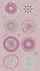 Light pink background with scattered, stylized floral patterns in various shades of pink and purple, creating a gentle, feminine aesthetic.