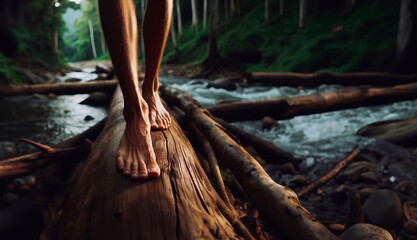 feet, barefoot, walking on a log in nature, barefoot walking day.