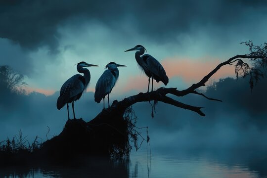 Three Great Blue Herons perched on a branch at dawn, misty lake background. - Powered by Adobe