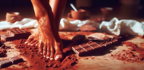 feet, barefoot, walking on chocolate.