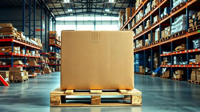 Cardboard box on wooden pallet in modern warehouse, industry and parcel delivery concept