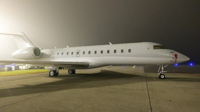 white heavy business jet parked apron fbo gat stands luxury appeal association wealth during dark night side panning shot view aircraft area scene 