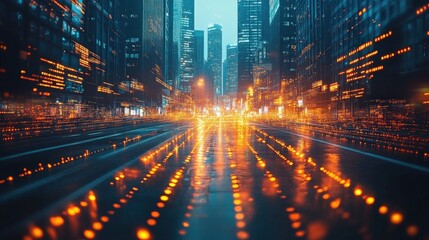 Fototapeta premium Vibrant cityscape at night with blurred lights and reflections on a wet street, showcasing urban life