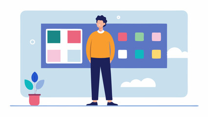 Mood Board Creation A designer stands in front of a large virtual screen displaying a mood board filled with color palettes textures and images inspiring their event design.