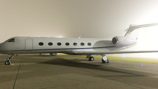 white heavy business jet designed for long haul travel parked apron fbo gat stands during dark night luxurious connection to panning shot long-haul aircraft 