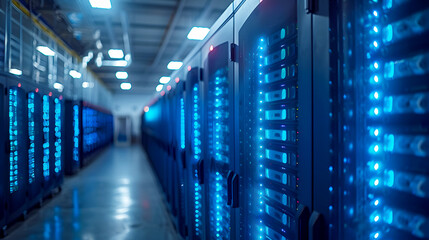 Fototapeta premium Data Centers with Blue Lights and Server Racks in Background