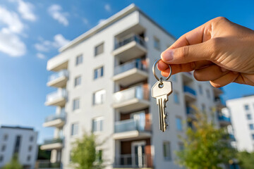 Hand holding keys to a new apartment building.