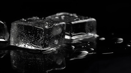 with visible bubbles and melting droplets isolated on a dark reflective surface 