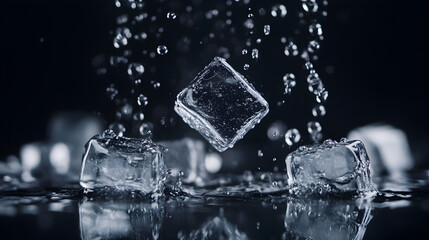 with visible bubbles and melting droplets isolated on a dark reflective surface 