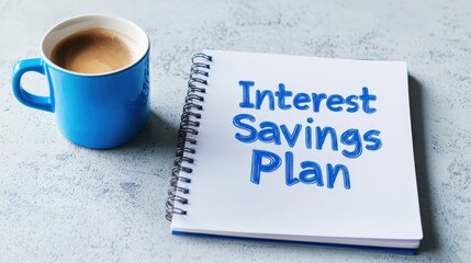 A blue mug beside a notebook titled "Interest Savings Plan" on a textured surface, suggesting a focus on finance and planning.