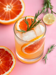 Cold grapefruit cocktail with slices of fresh grapefruit decorated twig rosemary. A refreshing summer mocktail. Summer cold cocktail with ice cubes, juice and slices grapefruit onpink background.