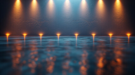 Naklejka premium Moody Stage Lighting Reflection on Wet Floor – Atmospheric Event Backdrop