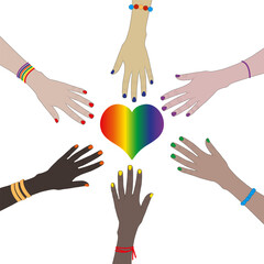 Female hands different races with colorful nails reach out to a rainbow heart