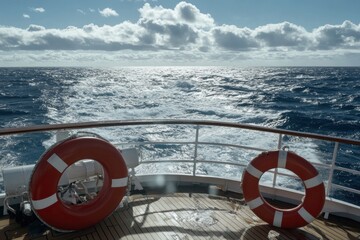 Ocean view from ship deck with life rings.