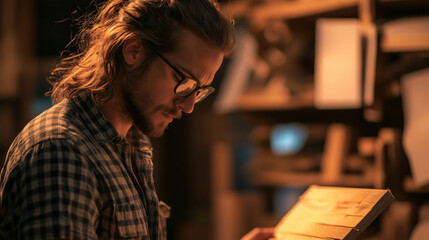 Young man sitting at a table reading a book and smiling