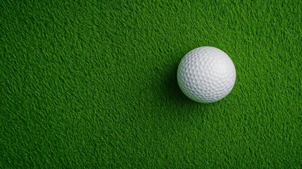 High angle close up view of a single white golf ball resting on a vibrant green artificial turf