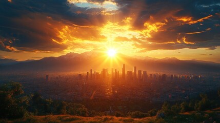 Fototapeta premium City sunset panorama with dramatic clouds