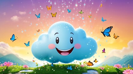 Naklejka premium A blue cloud with a smiley face surrounded by butterflies and flowers.