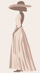 Elegant Minimalist Sketch of a Girl in Long Dress and Hat, Flat Vector Art