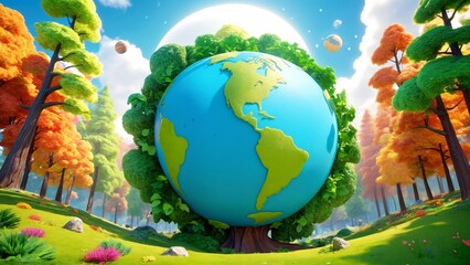 Naklejka premium A large blue and green globe surrounded by trees in a forest.