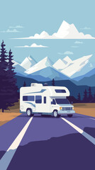 Vintage RV Motorhome on Scenic Mountain Highway Vector Illustration