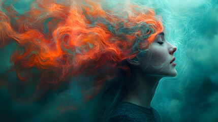 Mystical Mindscape: A serene woman with flowing, fiery hair immersed in a dreamy, ethereal atmosphere, evoking a sense of introspective contemplation.