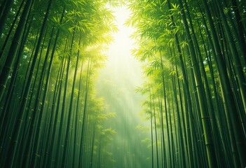 Fototapeta premium Serene Bamboo Forest Concept Lush Green Stalks Sunlight Filtering - Tranquil Nature Wellness Mindfulness Marketing