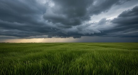 Obraz premium Green Wheat Field Under Dark Stormy Sky Landscape Before the Rain